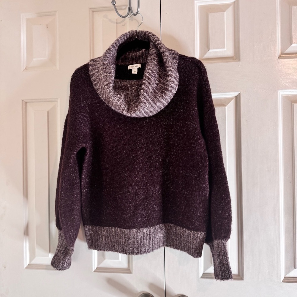Nine West Women’s Cowl Neck Sweater XS- Maroon & Grey Knit Pullover Long Sleeve